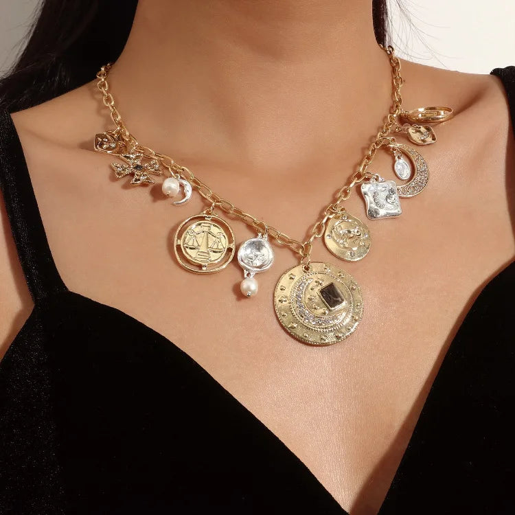 Vintage Gold-Plated Necklace Moon Pendant Pearl Jewelry for Women