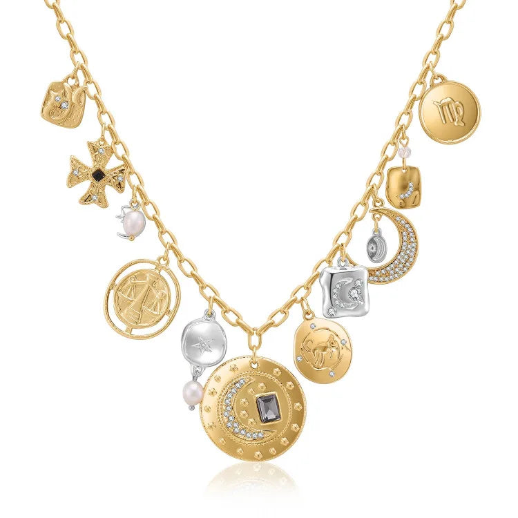Vintage Gold-Plated Necklace Moon Pendant Pearl Jewelry for Women