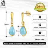9mm Natural Aquamarine Dangle Earrings 14K Water Drop Shape Earrings
