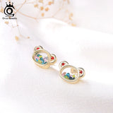 14K 925 Sterling Silver Bear Earrings with CZs in Glass, Girl Date Gift
