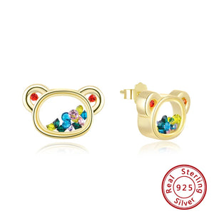 14K 925 Sterling Silver Bear Earrings with CZs in Glass, Girl Date Gift