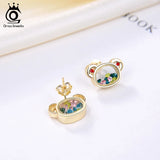 14K 925 Sterling Silver Bear Earrings with CZs in Glass, Girl Date Gift
