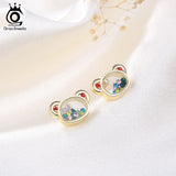 14K 925 Sterling Silver Bear Earrings with CZs in Glass, Girl Date Gift