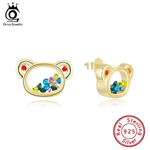 14K 925 Sterling Silver Bear Earrings with CZs in Glass, Girl Date Gift