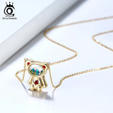 14K 925 Silver Bear Charm Necklace with CZs in Glass for Girls