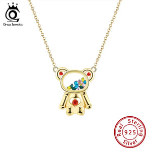 14K 925 Silver Bear Charm Necklace with CZs in Glass for Girls