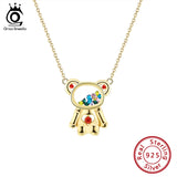 14K 925 Silver Bear Charm Necklace with CZs in Glass for Girls