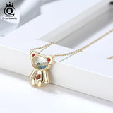 14K 925 Silver Bear Charm Necklace with CZs in Glass for Girls