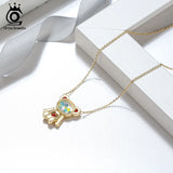 14K 925 Silver Bear Charm Necklace with CZs in Glass for Girls