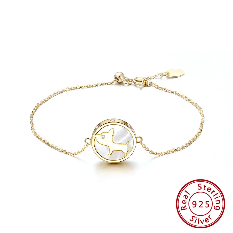 14K 925 Silver Mother of Pearl Puppy Bracelet with CZ for Girls