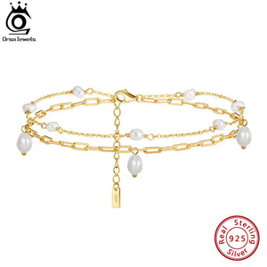 14K 925 Silver Double Layered Pearls Anklet for Women