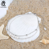 14K 925 Sterling Silver Layered Cable Chain & Pearl Anklets Summer Foot Bracelet