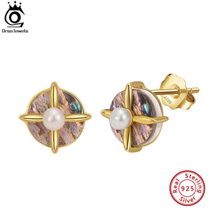 14K Sterling Silver Pearl Earrings with Abalone Shell for Women GPE25