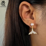14K Silver Pearl Earrings Mermaid Tail Women Vintage Party Jewelry
