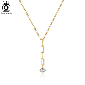 14K 925 Silver Zirconia Necklace, Long Paperclip Chain Women Party Jewelry