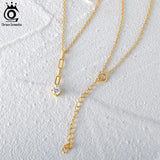 14K 925 Silver Zirconia Necklace, Long Paperclip Chain Women Party Jewelry