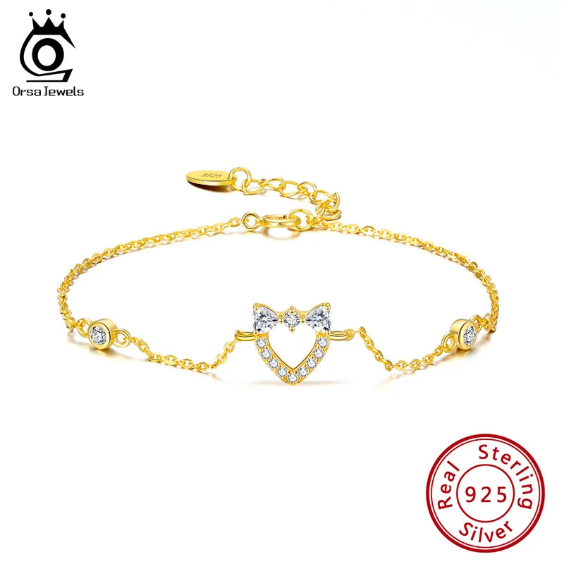 14K Love Heart Silver Bracelet For Women Girl Fine Jewelry