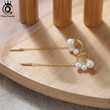14K Long Chain Dangle Earrings with Natural Freshwater Pearl for Women
