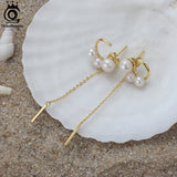 14K Long Chain Dangle Earrings with Natural Freshwater Pearl for Women