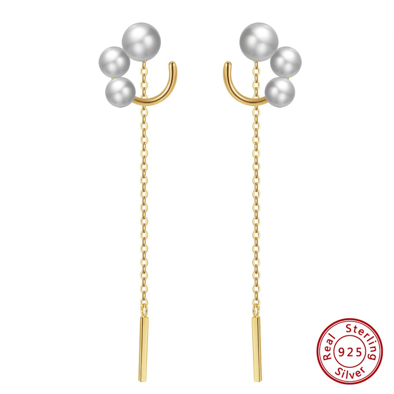 14K Long Chain Dangle Earrings with Natural Freshwater Pearl for Women