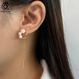 14K Long Chain Dangle Earrings with Natural Freshwater Pearl for Women