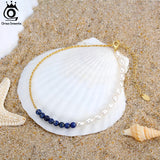 14K Freshwater Pearls & Lapis Lazuli Ankle Chain for Women Girls
