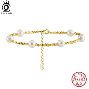 14K Nugget Link Chain Bracelet with Pearl S925 Silver Bracelet