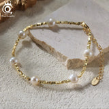 14K Nugget Link Chain Bracelet with Pearl S925 Silver Bracelet