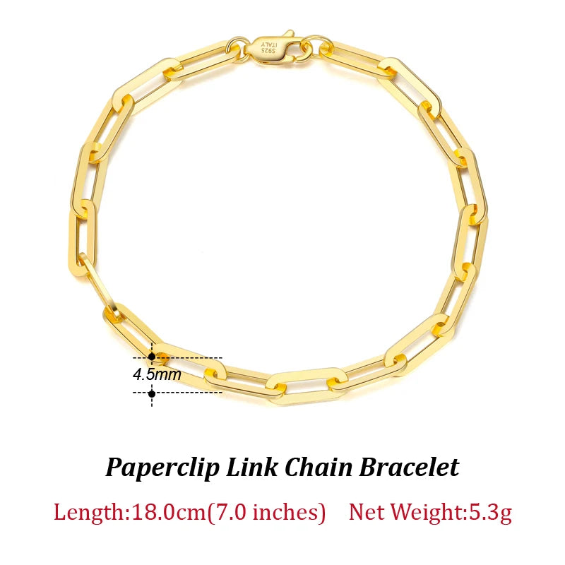 925 Silver Paperclip Link Chain Bracelet for Women