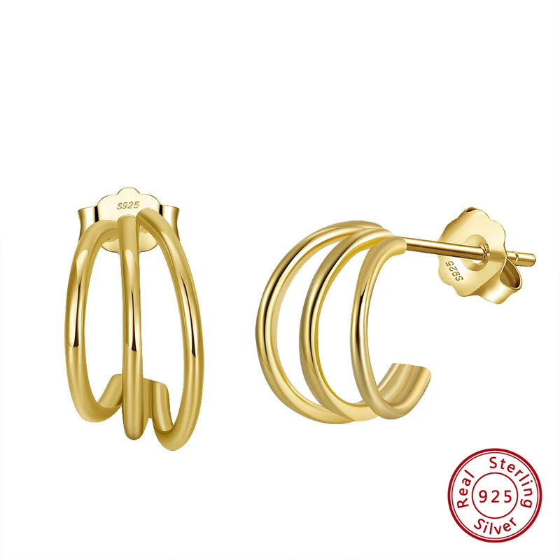 14K Plated Sterling Silver Triple Hoop Huggie Earrings APE46