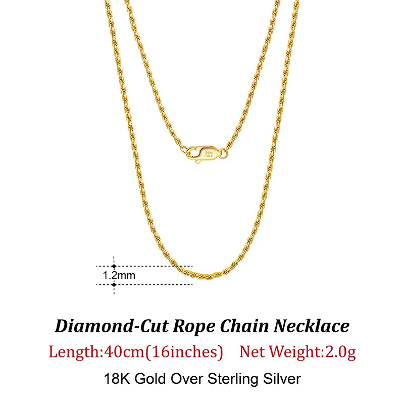 18K over 925 Sterling Silver 1.7mm Diamond-Cut Rope Chain Necklace