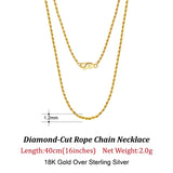 18K over 925 Sterling Silver 1.7mm Diamond-Cut Rope Chain Necklace
