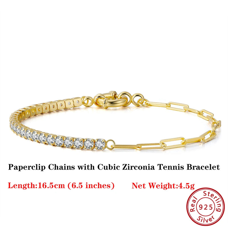 3mm Zirconia Half Chain Half Tennis Bracelet 14K Plated 925 Silver Paperclip