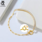 3mm Zirconia Half Chain Half Tennis Bracelet 14K Plated 925 Silver Paperclip