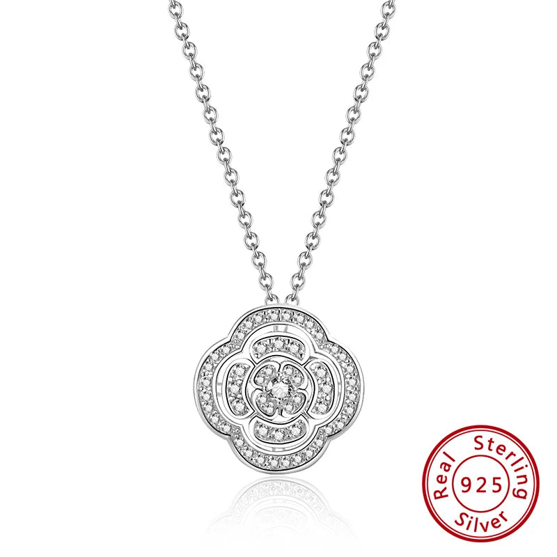 925 Silver Clover Pendant Necklace Chain Camellia Flower Necklace for Woman