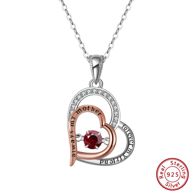 925 Silver Dancing Gemstone Double Hearts Pendant Necklace for Women