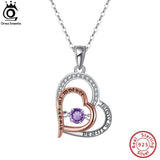 925 Silver Dancing Gemstone Double Hearts Pendant Necklace for Women