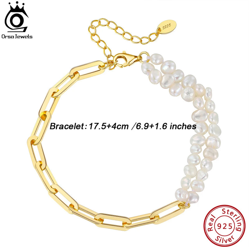 925 Silver Paperclip Chains Bracelet with Freshwater Pearl for Women