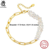 925 Silver Paperclip Chains Bracelet with Freshwater Pearl for Women