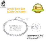 925 Silver Layered Coin Cable Chain Anklet Women Vacation Jewelry Gift