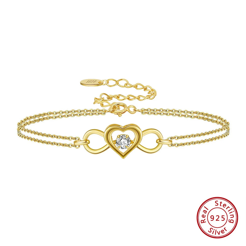 925 Silver 14K Infinity Bracelet with Heart for Women Girls