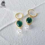 925 Silver Plated Pearl Dangle Earrings Turquoise Malachite Ear Drop Pearls