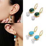 925 Silver Plated Pearl Dangle Earrings Turquoise Malachite Ear Drop Pearls
