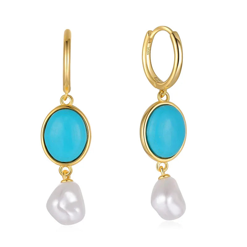 925 Silver Plated Pearl Dangle Earrings Turquoise Malachite Ear Drop Pearls