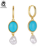925 Silver Plated Pearl Dangle Earrings Turquoise Malachite Ear Drop Pearls