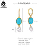 925 Silver Plated Pearl Dangle Earrings Turquoise Malachite Ear Drop Pearls