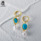 925 Silver Plated Pearl Dangle Earrings Turquoise Malachite Ear Drop Pearls