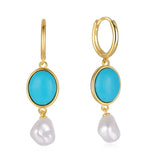 925 Silver Plated Pearl Dangle Earrings Turquoise Malachite Ear Drop Pearls