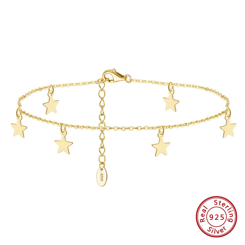 925 Silver Cable Chain Anklet with Star Charms for Women Girls