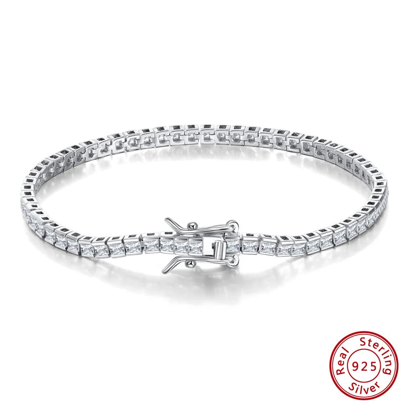 925 Silver 2mm Tennis Bracelet Princess Cut CZ Chain Jewelry